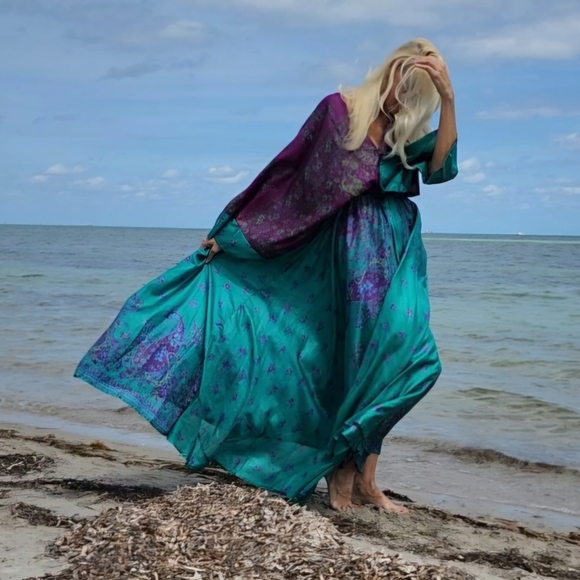 Handprinted Silk Authentic Designer Kimono Batik Long Maxi Dress Luxury Resort - Picture 11 of 16